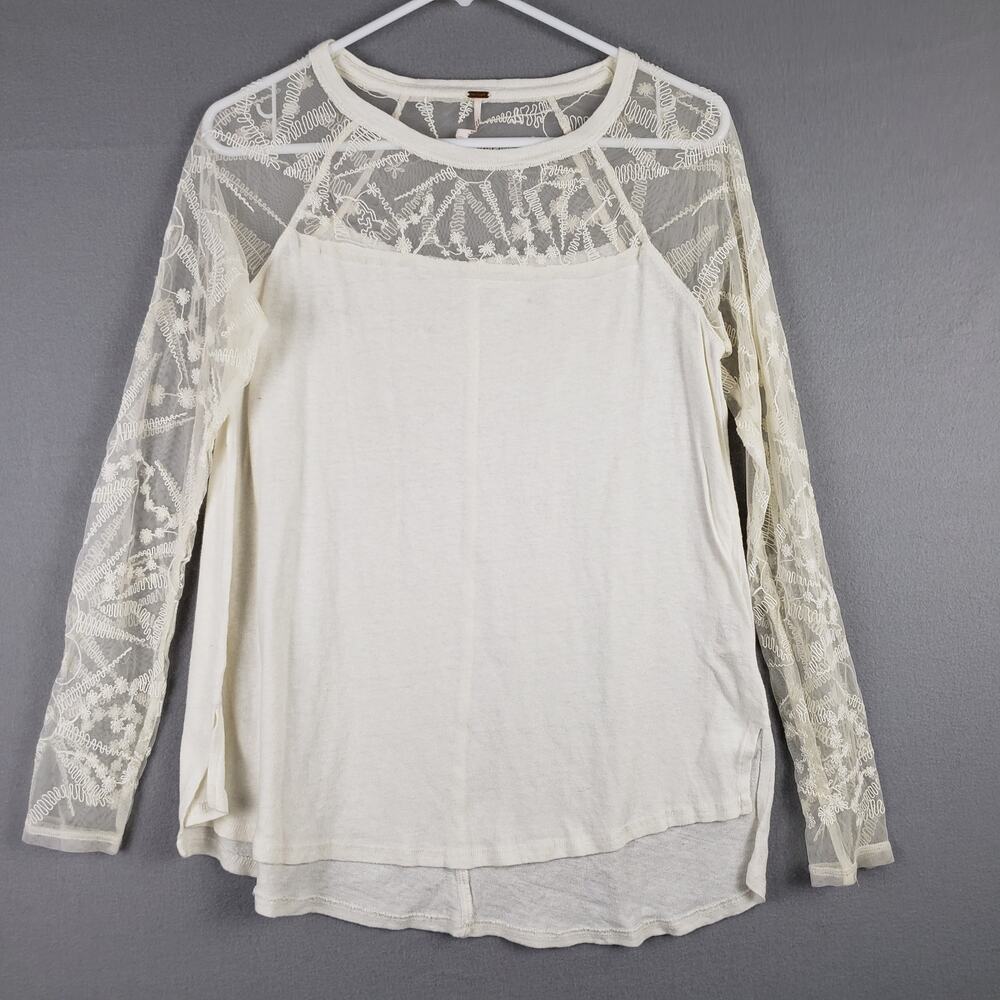 Free People Size S Mesh Sleeve Illusion Top White Etheral Fairycore Embroidered